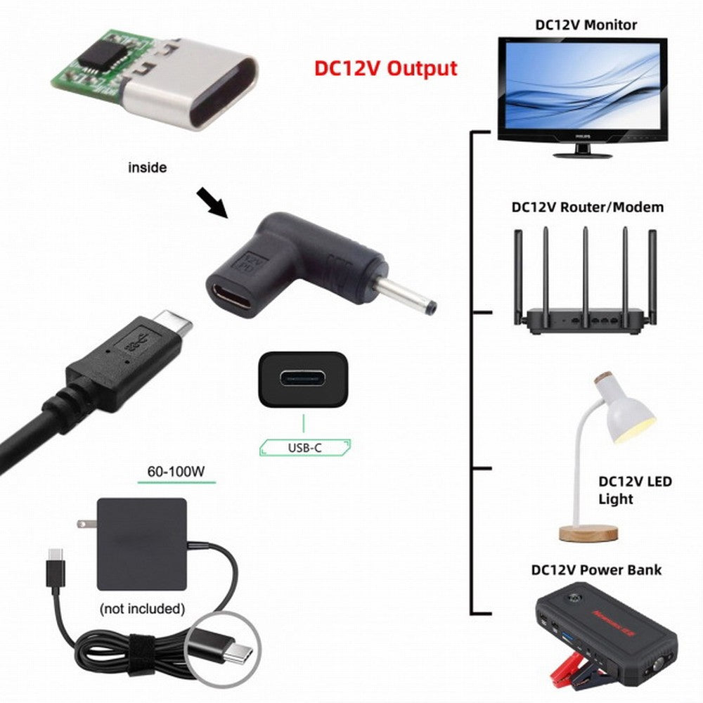 Chenyang USB 3.1 Type C USB-C Female to DC 12V 3.0x1.1mm Plug Adapter PD Emulator Trigger 90 Degree Angled UC-090-3011MM