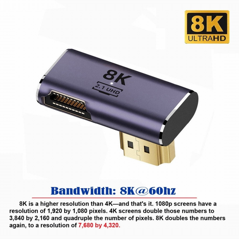 Chenyang HDMI Male to HDMI 2.1 Female Vertical 90 Degree Left Down Angled Low Profile UHD Extension Adapter Support 8K 60hz HDTV HD-011-A8K09