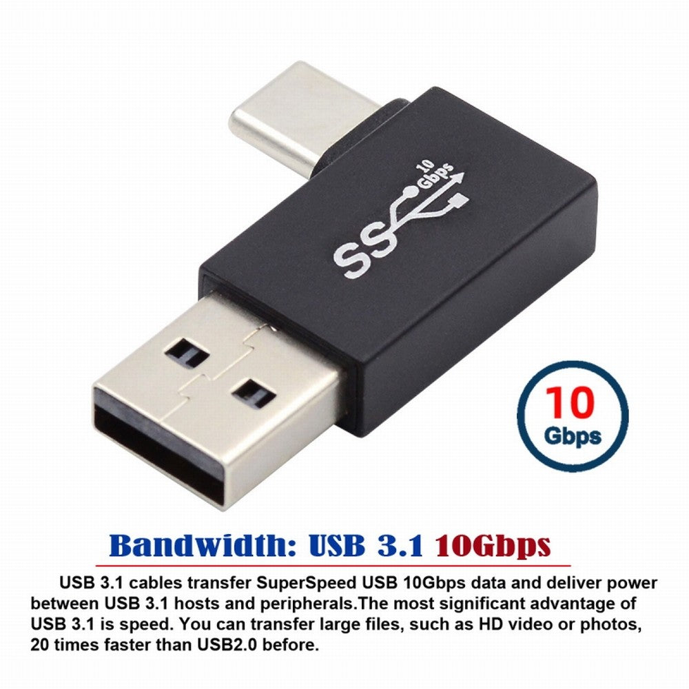 Chenyang Left Angled USB3.0 Type A Male to USB 3.1 Type C Male Data 10Gbps Charge Adapter 90 Degree for Laptop Phone UC-070-TC004