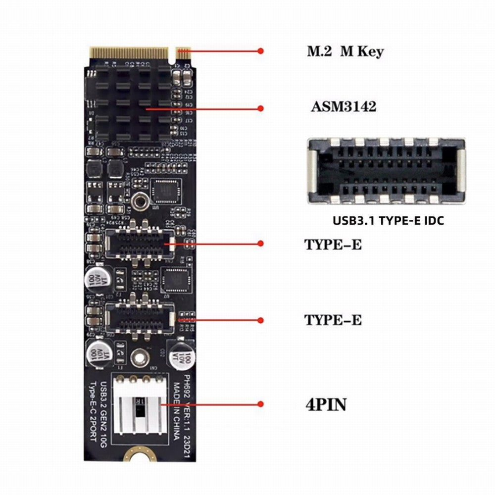 Chenyang 10Gbps Dual Type-E USB 3.1 Front Panel Socket to NVME NGFF M-Key Express Card Adapter for Motherboard EP-020