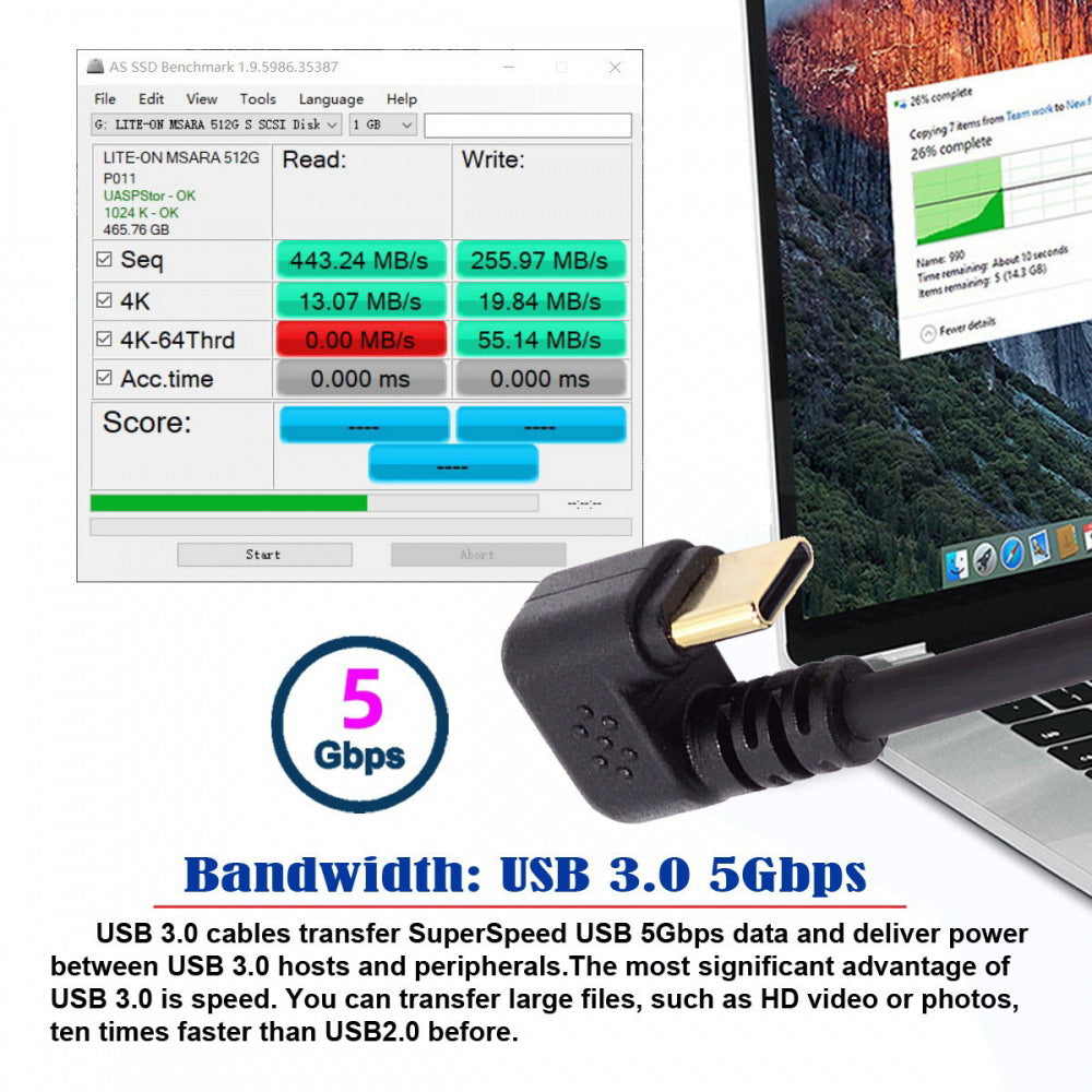 Chenyang Left Angled USB3.0 Type-A to Type C USB-C Male to Male Power Data Cable 5Gbps USB-C Opposite U Shape Back Angled UC-101-LE