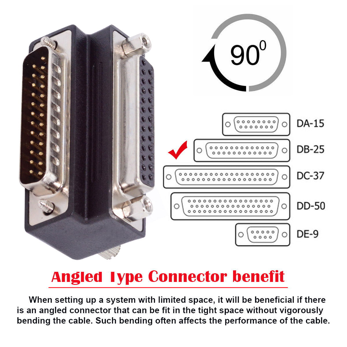 Chenyang DSUB Parallel LPT AES/EBU DB25pin Male Nut to Female Screw Extension Adapter DB Connector Up 90 Degree Angled DB-008-UP