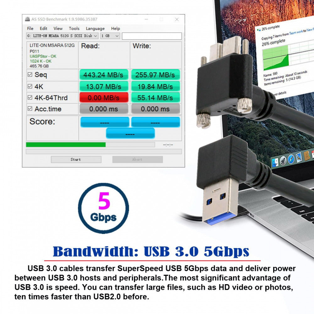 Chenyang Down Angled 90 Degree USB 3.0 A Male to Micro-B 3.0 Plug Up Angled Locking Screw Panel Cable 25cm U3-078-UP