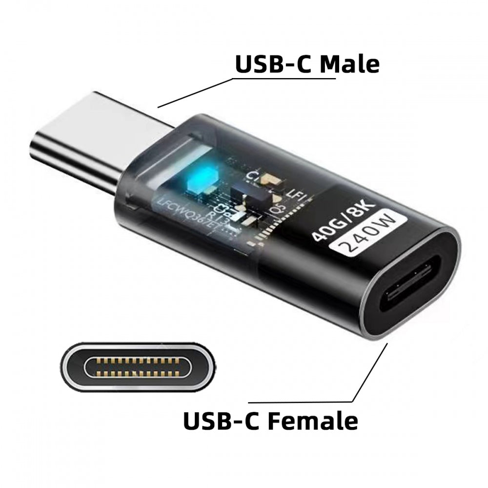 Chenyang Transparent LED USB4 Type C Male to Female Extension 240W Power 40Gbps Data 8K Video Adapter for Phone Laptop UC-103-TR